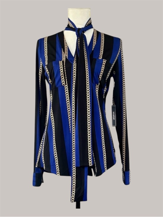 Max Sport Tops - NWT MaxSport Chain Print Pattern Neck Tie Long Sleeve Cobalt Blouse Size Medium